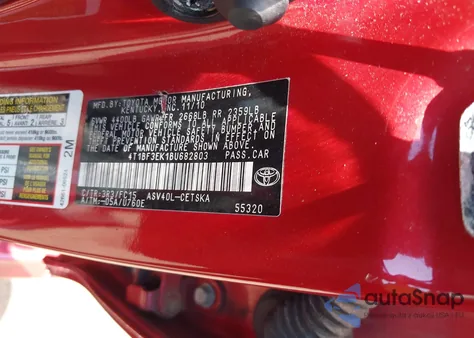 2011 Toyota Camry Se from USA, damaged, VIN 4T1BF3EK1BU682803